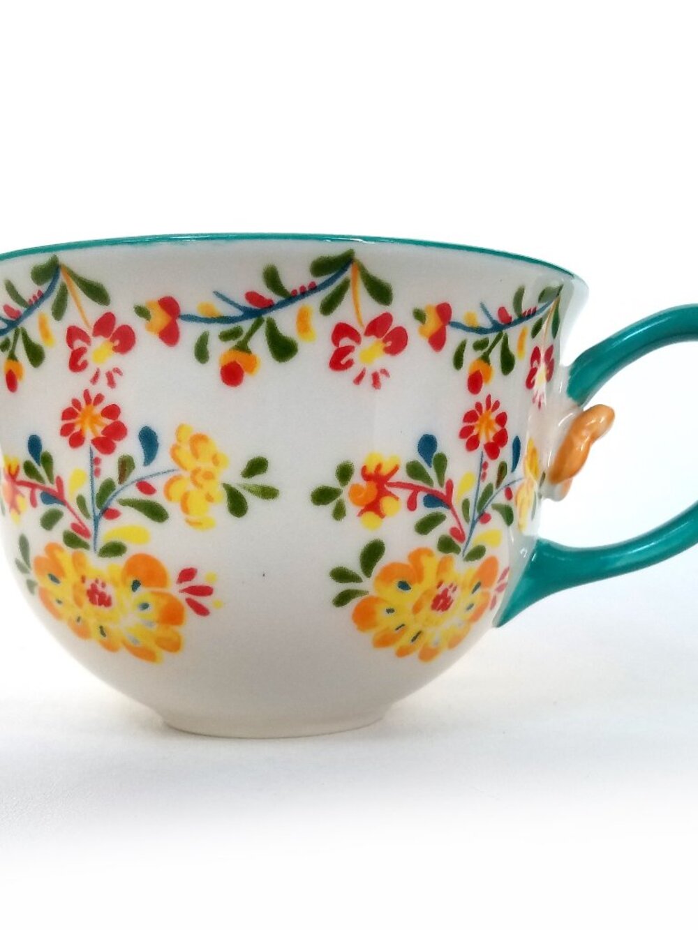 Anthropologie Cadiz French Country Floral Turquoise Mug 3D Flower on Handle